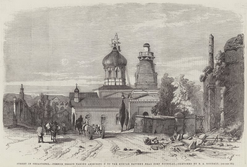 Ulica w Sebastopolu, oddziały francuskie zabierające amunicję do baterii moździerzy w pobliżu Fortu Mikołaja. autorstwa Edward Angelo Goodall