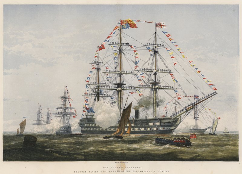 Urodziny królowej, Latające kolory i załoga na stoczni (chromolitho) autorstwa Edward Duncan