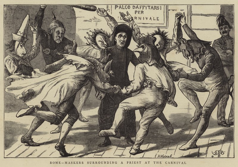 Rzym, maskerzy otaczający księdza na karnawale autorstwa Edward Frederick Brewtnall