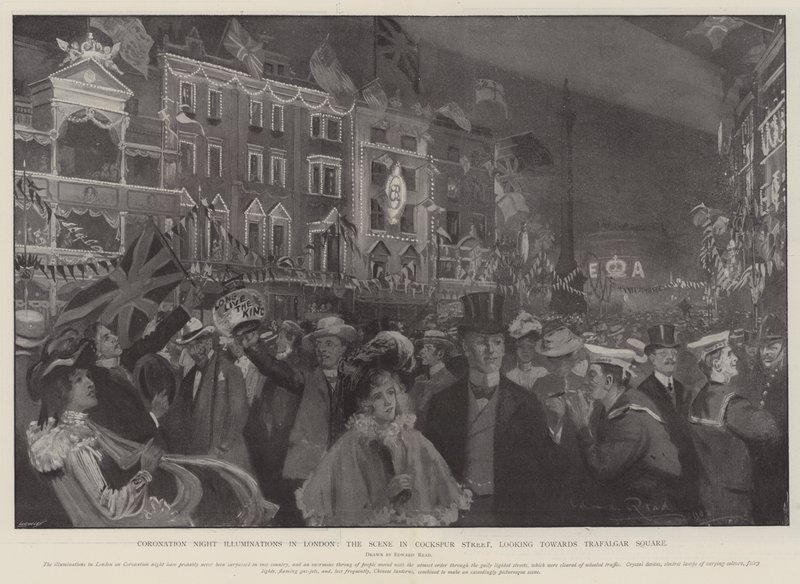 Iluminacje koronacyjne w Londynie, scena na Cockspur Street, z widokiem na Trafalgar Square autorstwa Edward Read