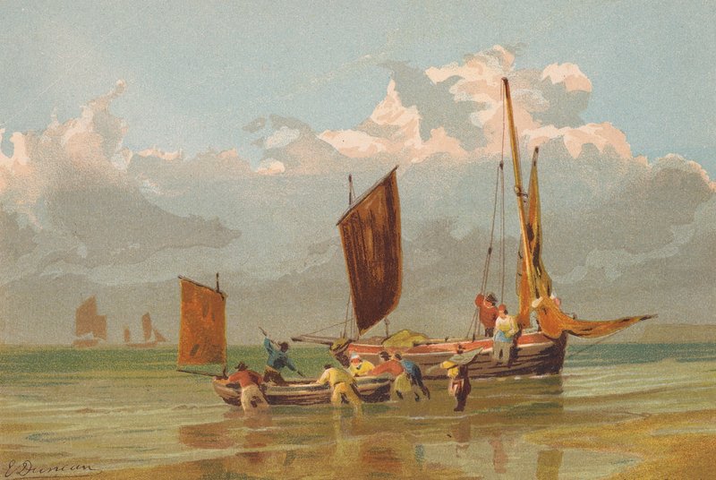 Wypływające łodzie rybackie u wybrzeży Norfolk (kolorowa litografia) autorstwa Edward (after) Duncan