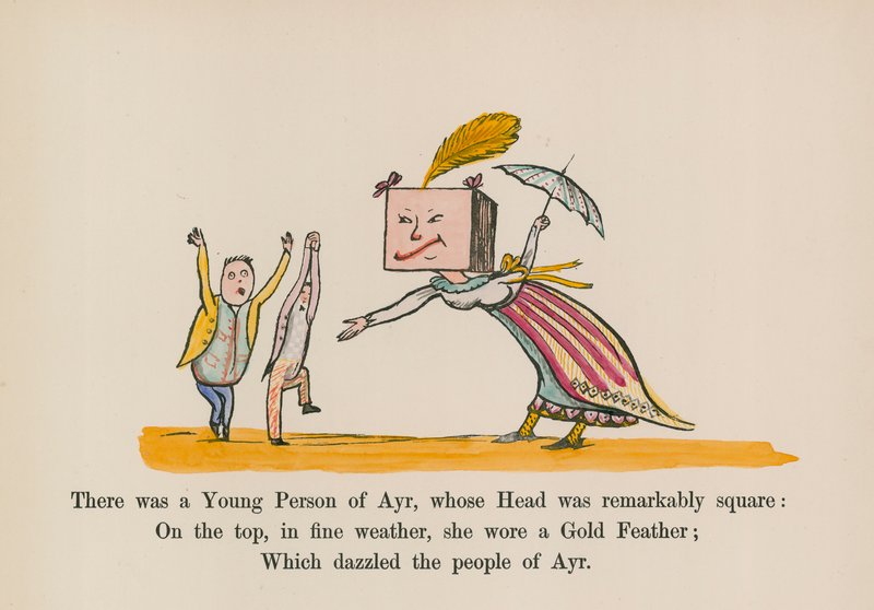 Był tam młody człowiek z Ayr, którego głowa była wyjątkowo kwadratowa (kolorowy grawerunek). autorstwa Edward (after) Lear