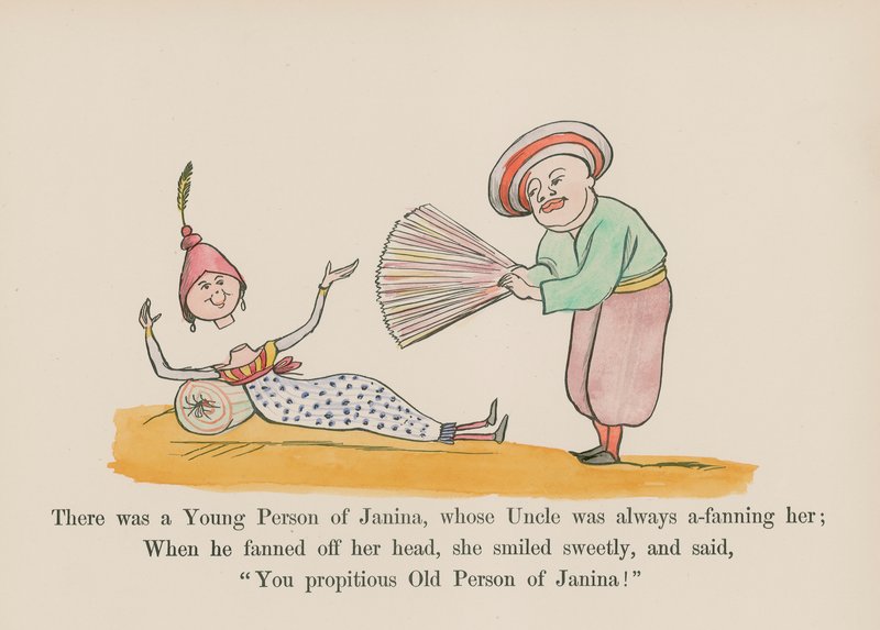 Była tam młoda Janina, której wujek zawsze ją wachlował (kolorowa rycina). autorstwa Edward (after) Lear