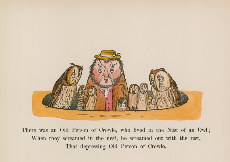 Był sobie starzec z Crowle, który mieszkał w gnieździe sowy (kolorowa rycina) autorstwa Edward (after) Lear