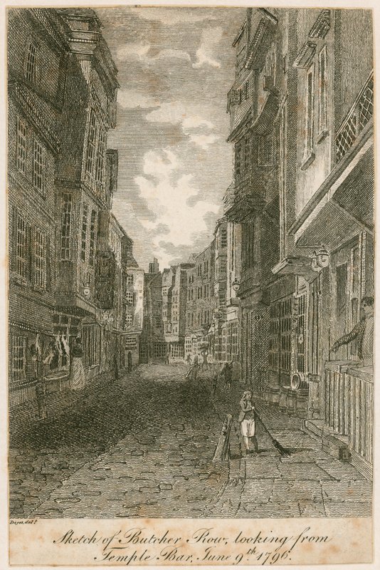 Szkic Butcher Row, patrząc z Temple Bar, 9 czerwca 1796 autorstwa Edward Dayes