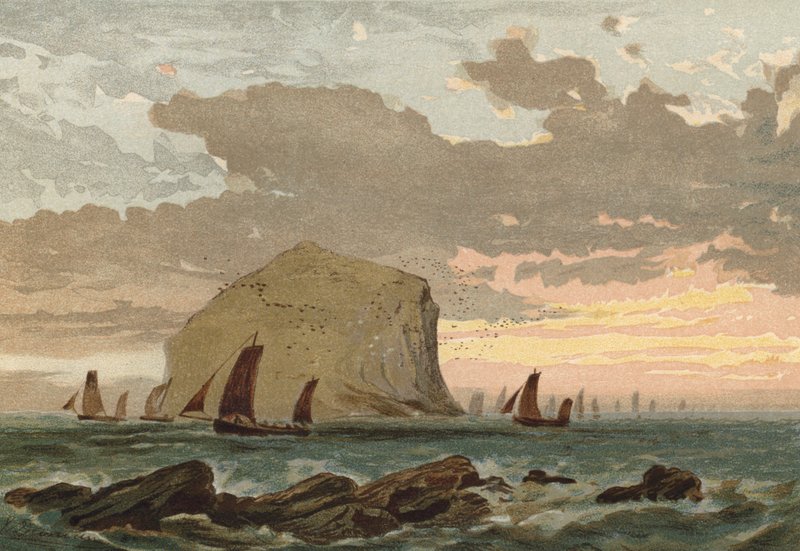 Wschód słońca, flota łodzi rybackich przy Bass Rock autorstwa Edward Duncan