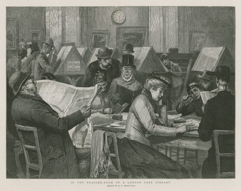 W czytelni wolnej biblioteki w Londynie autorstwa Edward Frederick Brewtnall