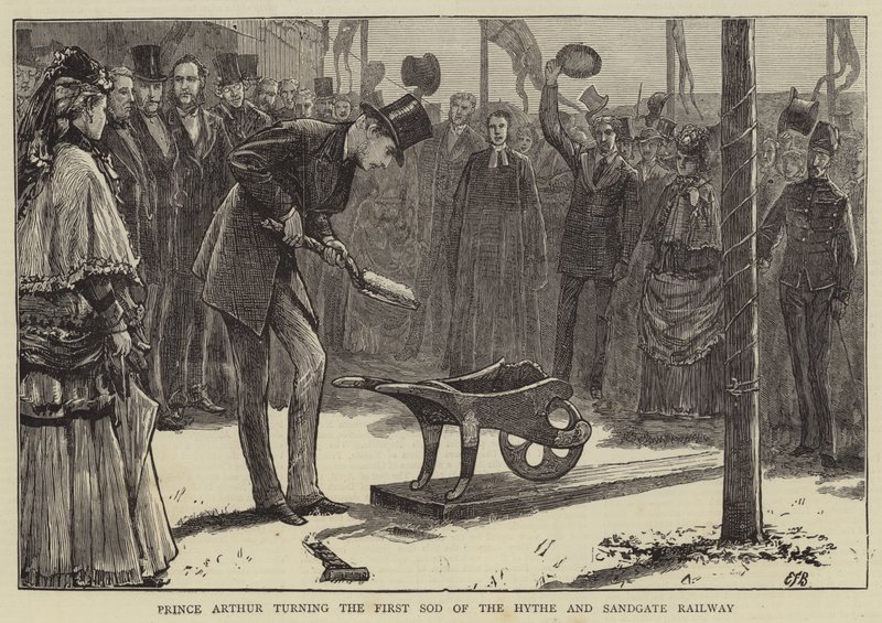Książę Artur skręcający pierwszą łodygę pod budowę kolei Hythe i Sandgate autorstwa Edward Frederick Brewtnall