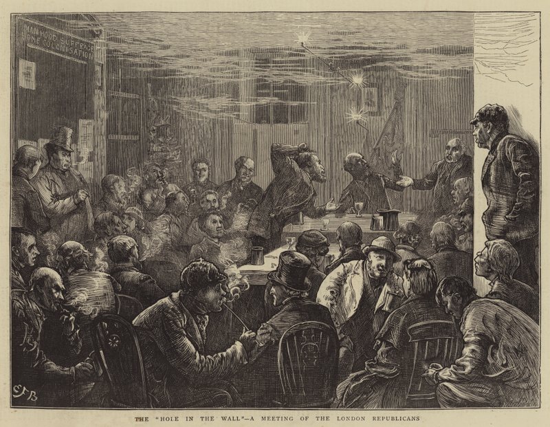 Dziura w ścianie, spotkanie londyńskich republikanów autorstwa Edward Frederick Brewtnall