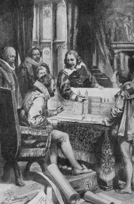 Inigo Jones pokazuje swoje plany przebudowy Whitehall królowi Jakubowi I (litografia) autorstwa Edward Frederick Skinner