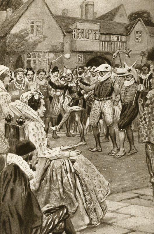 Królowa Elżbieta I zabawiana przez błaznów (litografia) autorstwa Edward Frederick Skinner