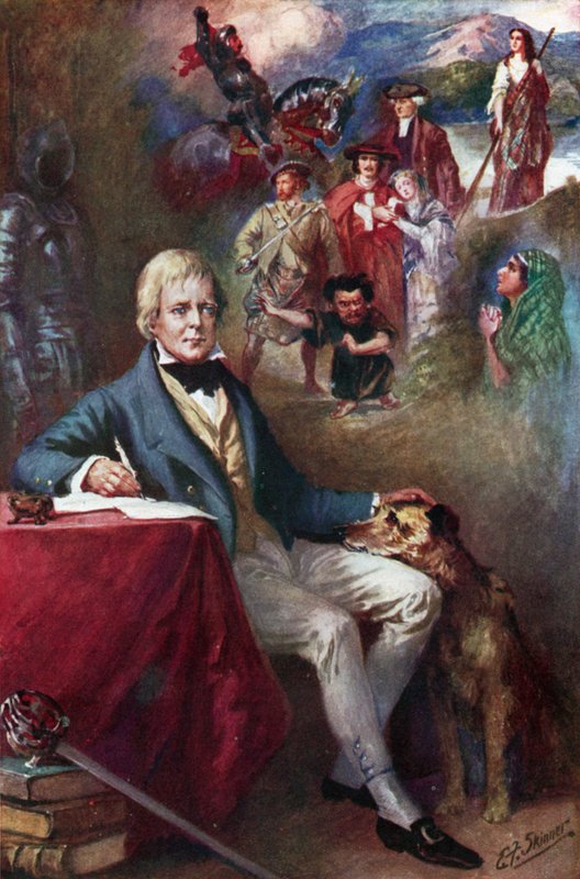 Sir Walter Scott i niektóre z jego najsłynniejszych dzieł (kolorowa litografia) autorstwa Edward Frederick Skinner