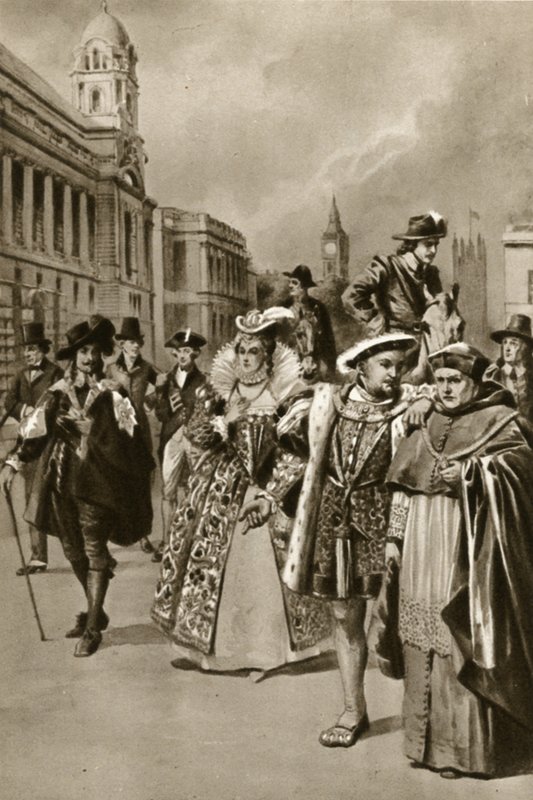 Ulice Londynu: Król Karol I, królowa Elżbieta I, król Henryk VIII, kardynał Wolsey (litografia) autorstwa Edward Frederick Skinner