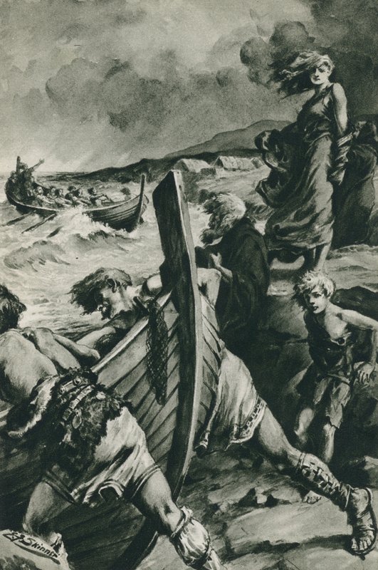 Wikingowie, którzy wypłynęli z fiordów Norwegii i odkryli Amerykę na długo przed Kolumbem (litografia) autorstwa Edward Frederick Skinner