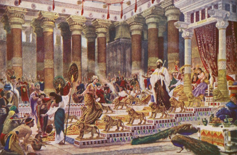 Wizyta królowej Saby u króla Salomona (kolorowa litografia) autorstwa Edward John (after) Poynter