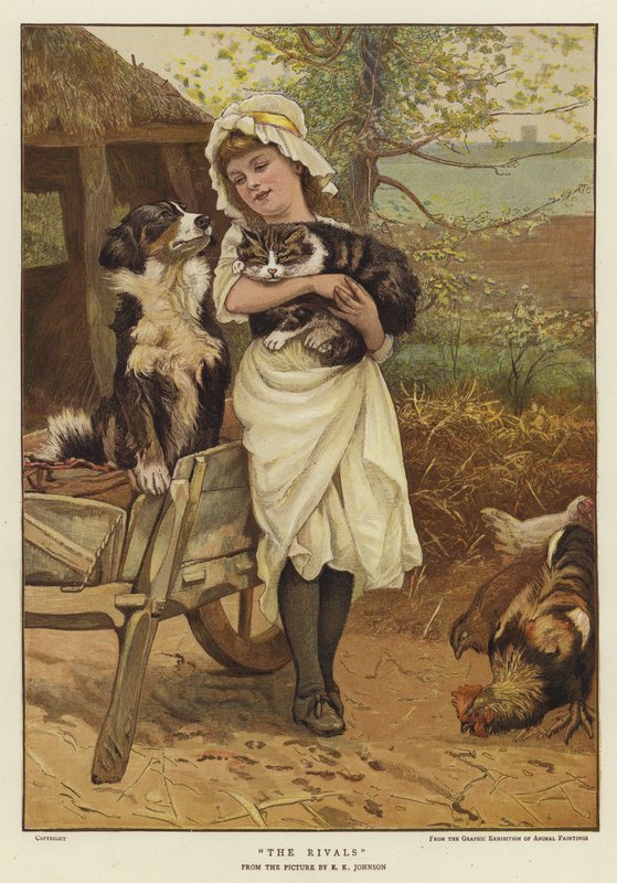Młoda dziewczyna trzymająca kota w ramionach obok psa (kolor litho) autorstwa Edward Killingworth Johnson