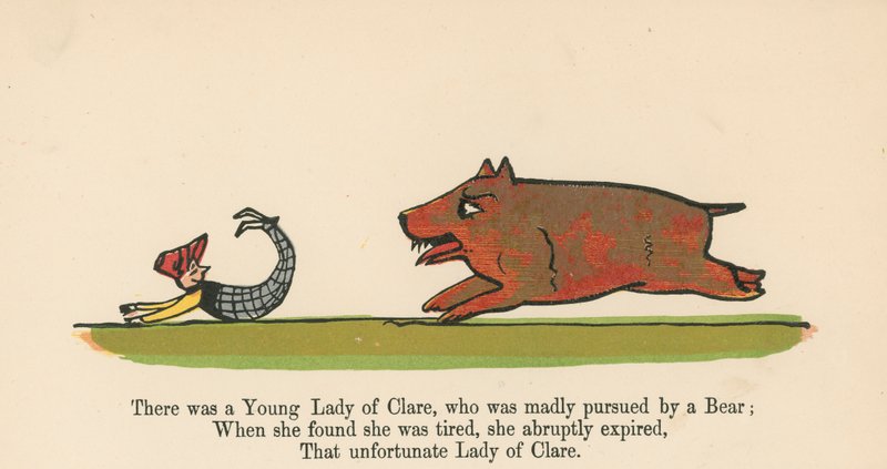Była tam Młoda Dama Klary, którą szaleńczo ścigał Niedźwiedź z „Księgi bzdur”, wydanej przez Frederick Warne and Co., Londyn, ok. 1875 r. autorstwa Edward Lear
