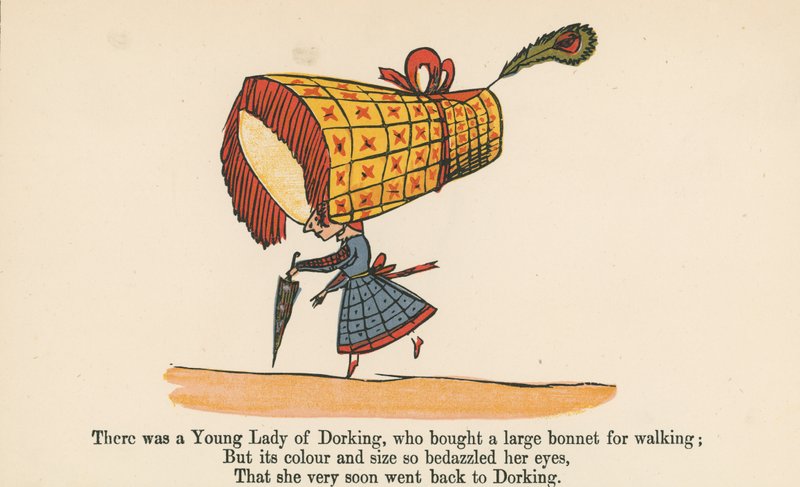 Była Młoda Dama z Dorking, która kupiła duży czepek do chodzenia, z „Księgi bzdur”, wydanej przez Frederick Warne and Co., Londyn, ok. 1875 r. autorstwa Edward Lear