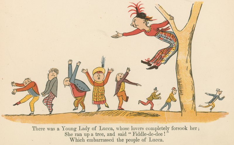 Była sobie Młoda Dama z Lukki, której kochankowie całkowicie ją opuścili, z "A Book of Nonsense", wydanej przez Frederick Warne and Co., Londyn, ok. 1875 r. autorstwa Edward Lear