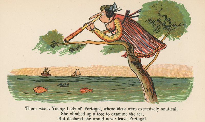 Była tam Młoda Dama z Portugalii, której idee były nadmiernie nautyczne, z „Księgi bzdur” wydanej przez Fredericka Warne and Co., Londyn, ok. 1875 r. autorstwa Edward Lear