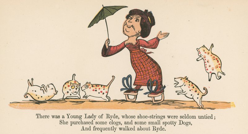 Była tam Młoda Dama z Ryde, której sznurowadła rzadko były rozwiązane, z „Księgi bzdur” wydanej przez Frederick Warne and Co., Londyn, ok. 1875 r. autorstwa Edward Lear