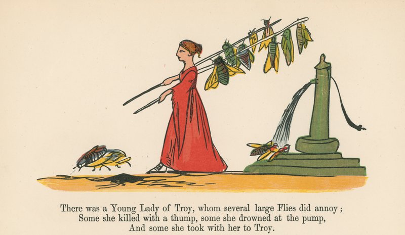 Była tam Młoda Dama z Troi, którą denerwowało kilka dużych much, z „Księgi bzdur”, wydanej przez Fredericka Warne and Co., Londyn, ok. 1875 r. autorstwa Edward Lear