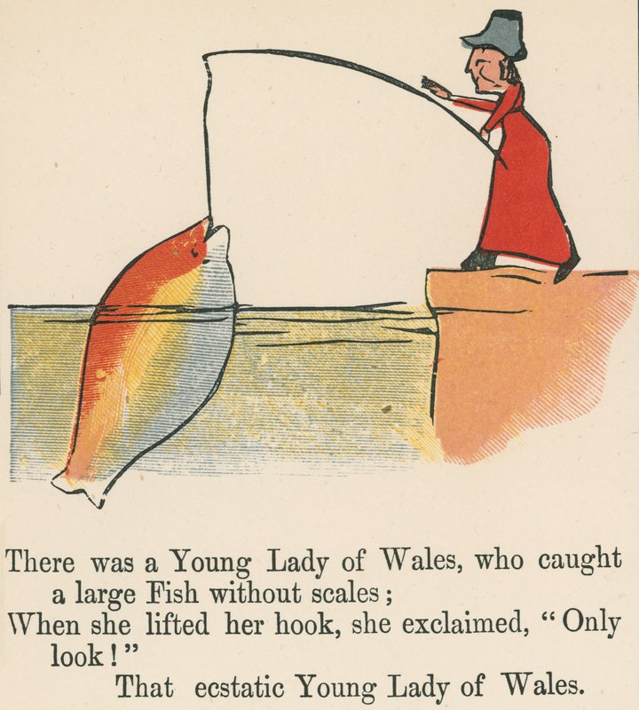 Była sobie młoda dama z Walii, która złowiła dużą rybę bez łuski, z "A Book of Nonsense", wydanej przez Frederick Warne and Co, Londyn, ok. 1875 r. autorstwa Edward Lear