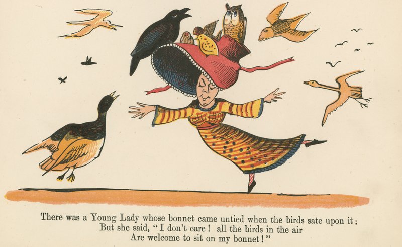 Była młoda dama, której czepek odwiązał się, gdy usiadły na nim ptaki, z „Księgi bzdur”, wydanej przez Frederick Warne and Co., Londyn, ok. 1875 r. autorstwa Edward Lear