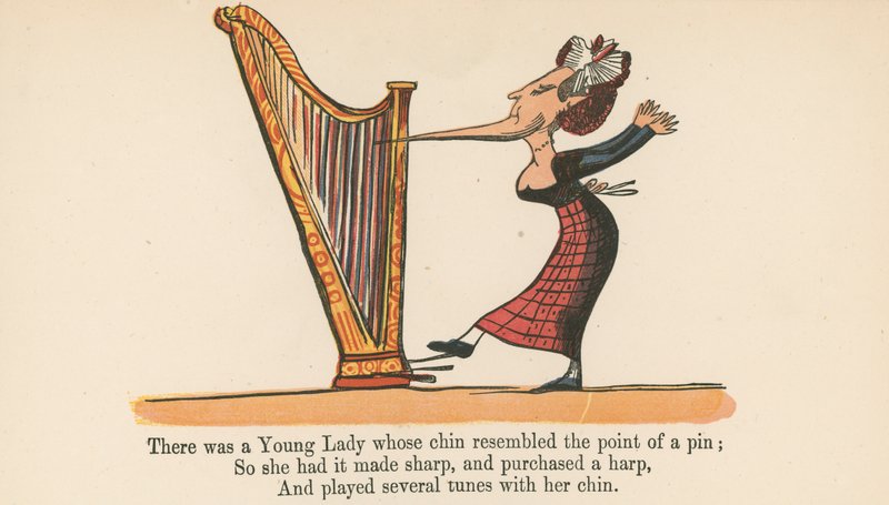 Była tam młoda dama, której podbródek przypominał szpilkę, z „Księgi bzdur” wydanej przez Frederick Warne and Co., Londyn, ok. 1875 r. autorstwa Edward Lear