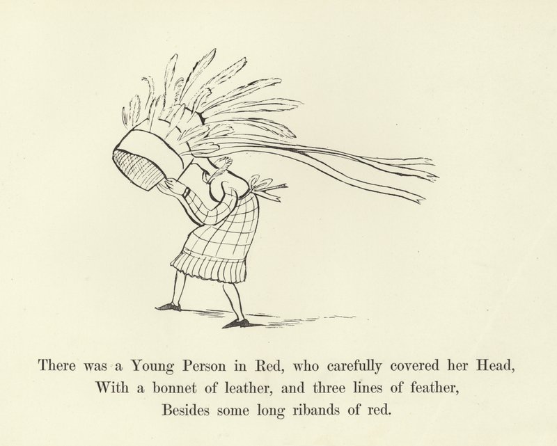 Była tam Młoda Osoba w czerwieni, która starannie zakryła głowę autorstwa Edward Lear
