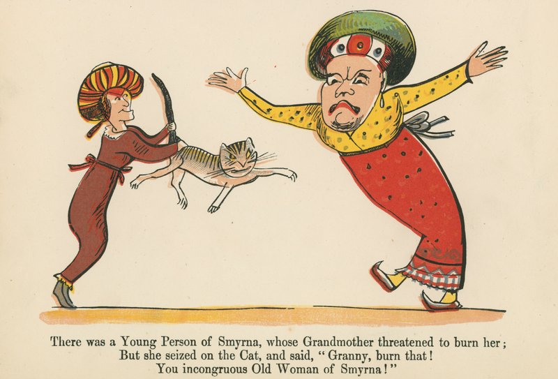 Była tam młoda osoba ze Smyrny, której babcia groziła, że ją spali, z „Księgi bzdur” wydanej przez Fredericka Warne and Co., Londyn, ok. 1875 r. autorstwa Edward Lear