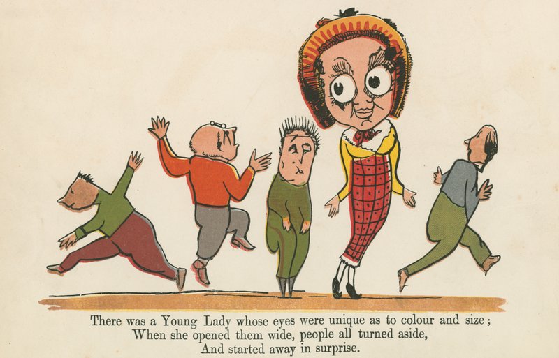 Była sobie młoda dama, której oczy były wyjątkowe pod względem koloru i wielkości, z "A Book of Nonsense", wydanej przez Frederick Warne and Co., Londyn, ok. 1875 r. autorstwa Edward Lear
