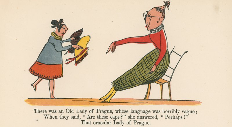 Była tam Stara Dama z Pragi, której język był strasznie niejasny, z „Księgi bzdur” wydanej przez Fredericka Warne and Co., Londyn, ok. 1875 r. autorstwa Edward Lear
