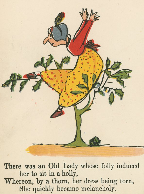 Była sobie starsza pani, której głupota kazała siedzieć w ostrokrzewie, z "A Book of Nonsense", wyd. Frederick Warne and Co., Londyn, ok. 1875 r. autorstwa Edward Lear