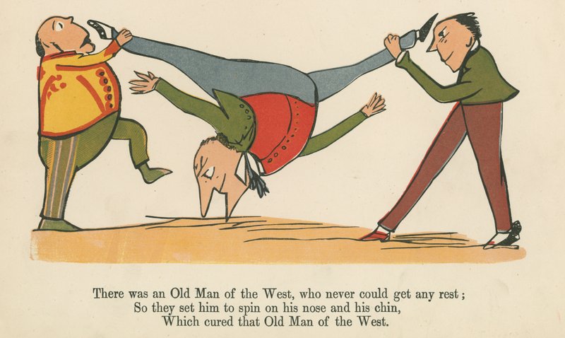 Był stary człowiek z Zachodu, który nigdy nie mógł odpocząć, z „Księgi bzdur”, wydanej przez Fredericka Warne and Co., Londyn, ok. 1875 r. autorstwa Edward Lear