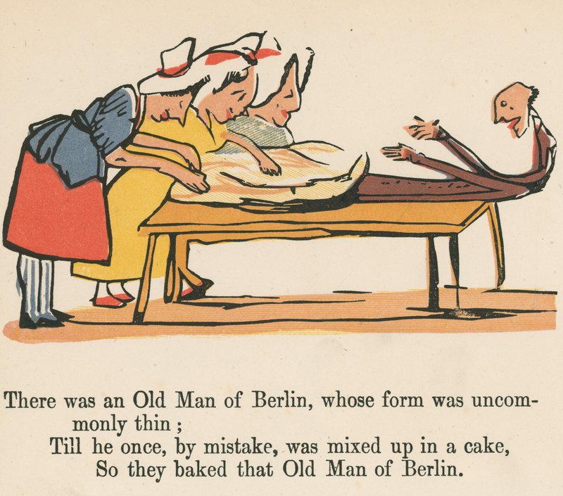 Był tam berliński starzec o niezwykle cienkiej formie z „Księgi bzdur”, wydanej przez Fredericka Warne and Co., Londyn, ok. 1875 r. autorstwa Edward Lear