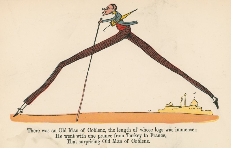 Był stary człowiek z Koblencji, którego nogi były ogromne, z „Księgi bzdur” wydanej przez Fredericka Warne and Co., Londyn, ok. 1875 r. autorstwa Edward Lear