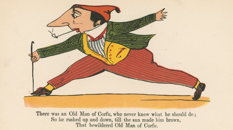Był sobie Stary Człowiek z Korfu, który nigdy nie wiedział, co powinien zrobić, z "A Book of Nonsense", wydanej przez Frederick Warne and Co., Londyn, ok. 1875 r. autorstwa Edward Lear