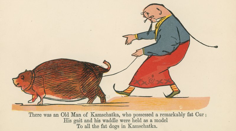 Był tam stary człowiek z Kamczatki, który posiadał niezwykły gruby krój z „Księgi bzdur”, wydanej przez Fredericka Warne and Co., Londyn, ok. 1875 r. autorstwa Edward Lear
