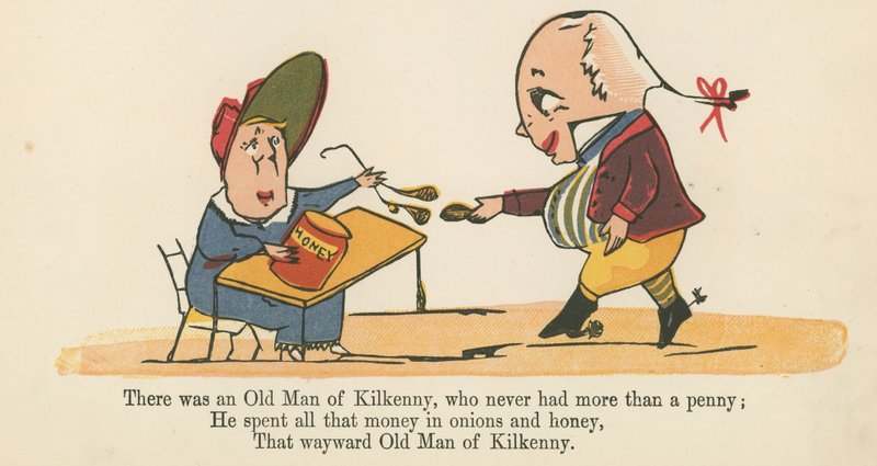 Był stary człowiek z Kilkenny, który nigdy nie miał więcej niż grosz, z „Księgi bzdur” wydanej przez Frederick Warne and Co., Londyn, ok. 1875 r. autorstwa Edward Lear