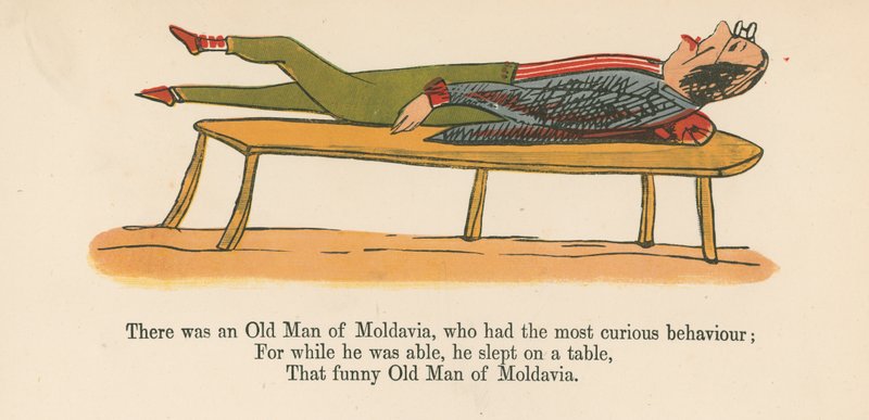 Był tam stary człowiek z Mołdawii, który zachowywał się bardzo dziwnie, z „Księgi bzdur” wydanej przez Fredericka Warne and Co., Londyn, ok. 1875 r. autorstwa Edward Lear