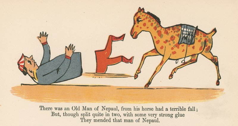 Był tam stary człowiek z Nepaula, z konia miał straszny upadek, z „Księgi bzdur”, wydanej przez Fredericka Warne and Co., Londyn, ok. 1875 r. autorstwa Edward Lear