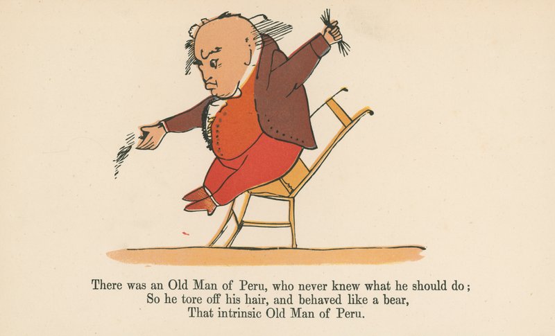 Był sobie stary człowiek z Peru, który nigdy nie wiedział, co powinien zrobić, z "A Book of Nonsense", wydanej przez Frederick Warne and Co., Londyn, ok. 1875 r. autorstwa Edward Lear