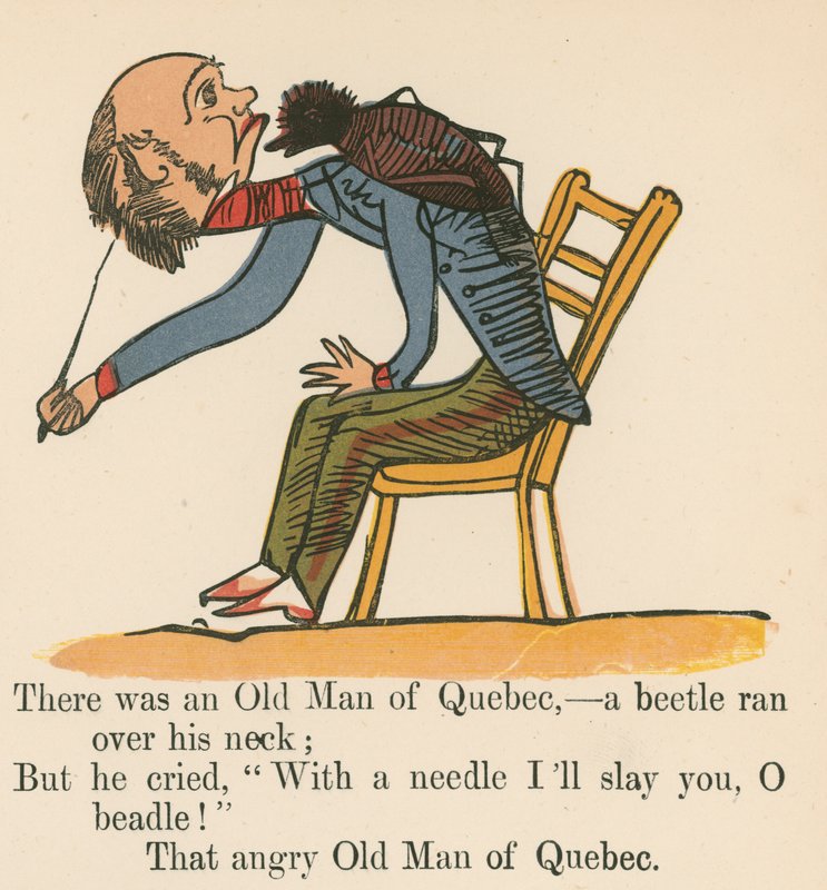 Był tam stary człowiek z Quebecu – chrząszcz przejechał mu po szyi z „Księgi bzdur”, wydanej przez Fredericka Warne and Co., Londyn, ok. 1875 r. autorstwa Edward Lear
