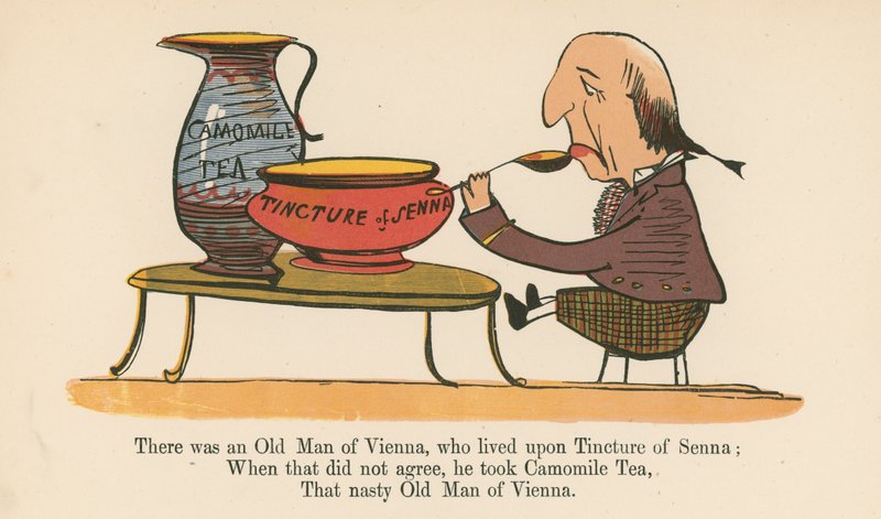 Był stary Wiednia, który żył na nalewce z Senny z „Księgi bzdur”, wydanej przez Fredericka Warne and Co., Londyn, ok. 1875 autorstwa Edward Lear