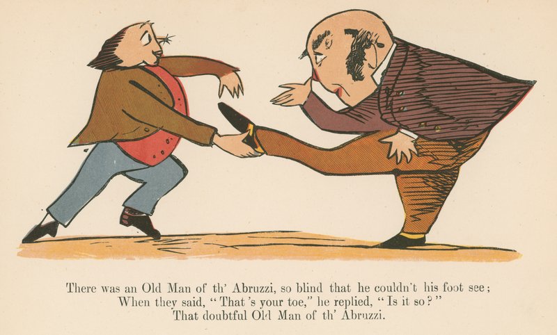 Był stary człowiek z Abruzzi, tak ślepy, że nie mógł dostrzec jego stopy, z „Księgi bzdur”, wydanej przez Fredericka Warne and Co., Londyn, ok. 1875 r. autorstwa Edward Lear