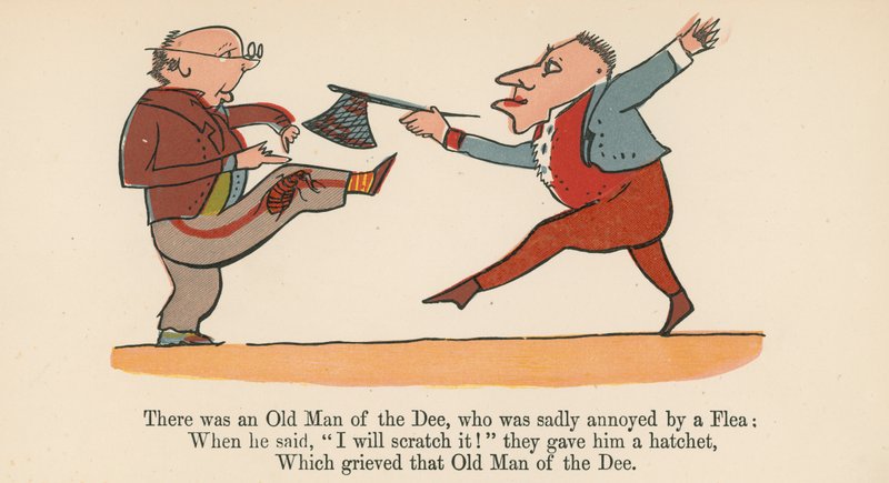 Był tam stary człowiek z Dee, którego niestety zirytowała pchła, z „Księgi bzdur”, wydanej przez Fredericka Warne and Co., Londyn, ok. 1875 r. autorstwa Edward Lear