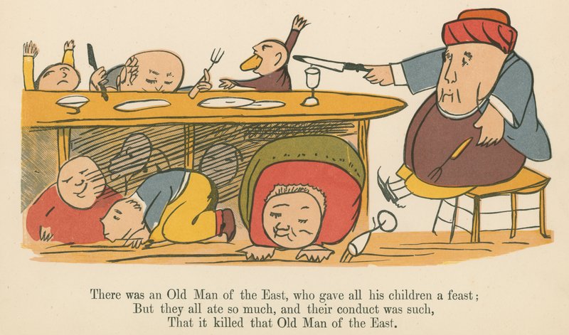 Był tam Stary Człowiek ze Wschodu, który wydał wszystkim swoim dzieciom ucztę z „Księgi bzdur”, wydanej przez Frederick Warne and Co., Londyn, ok. 1875 r. autorstwa Edward Lear