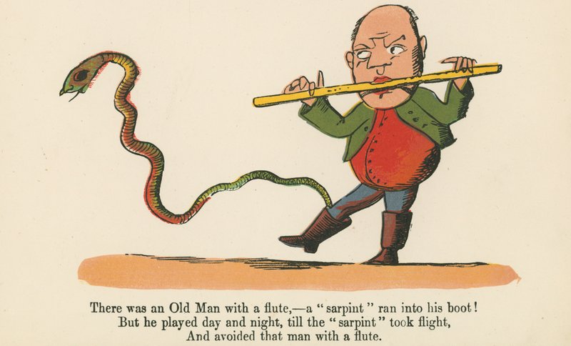 Był tam starzec z fletem – „sarpint” wpadł mu do buta!, z „Księgi bzdur”, wydanej przez Frederick Warne and Co., Londyn, ok. 1875 r. autorstwa Edward Lear