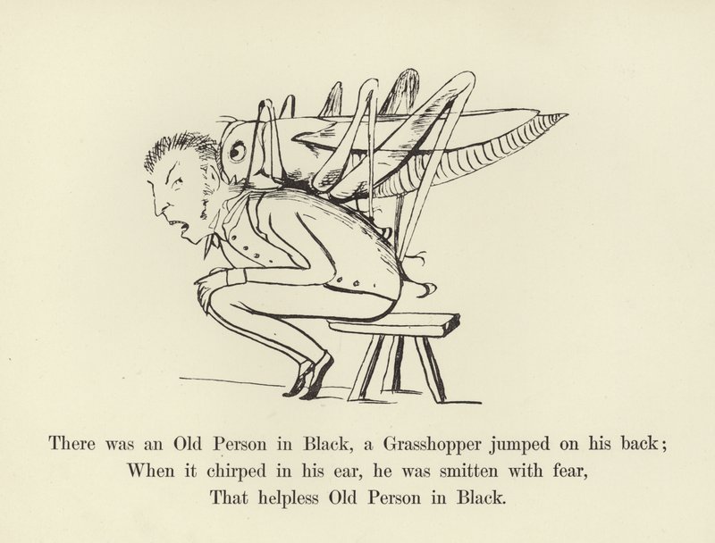 Był tam Stary Człowiek w Czerni, Konik polny wskoczył mu na plecy autorstwa Edward Lear